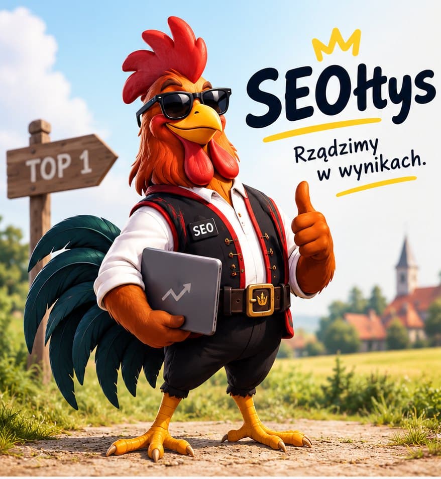 Maskotka SEOłtys: kogut w okularach, białej koszuli i czarnej kamizelce z naszywką SEO. Trzyma laptop, unosi kciuk, stoi przy drogowskazie TOP 1. W tle wieś i kościół.