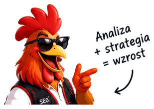 Kogut SEOłtys wskazuje kierunek. Napis: Analiza + strategia = wzrost.